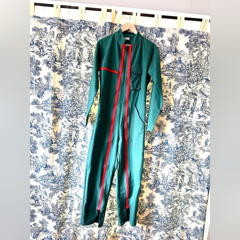 French Workwear Boiler suit Green Jumpsuit with Red Accents